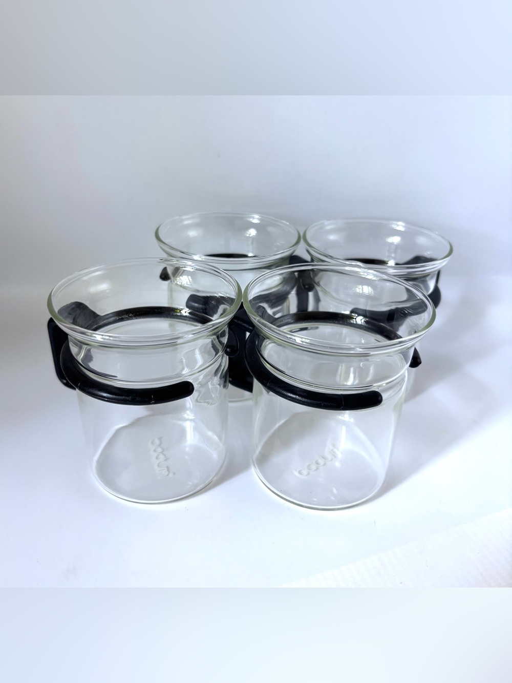 Vintage Bodum Glass Set Of 4 Coffee Tea Cups Bistro Mugs Black Handle Picard TNG
